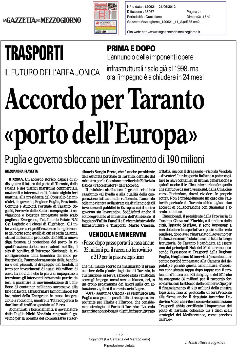 Accordoper Taranto «porto dell uropa Pugliae governo sbloccano un investimento d?