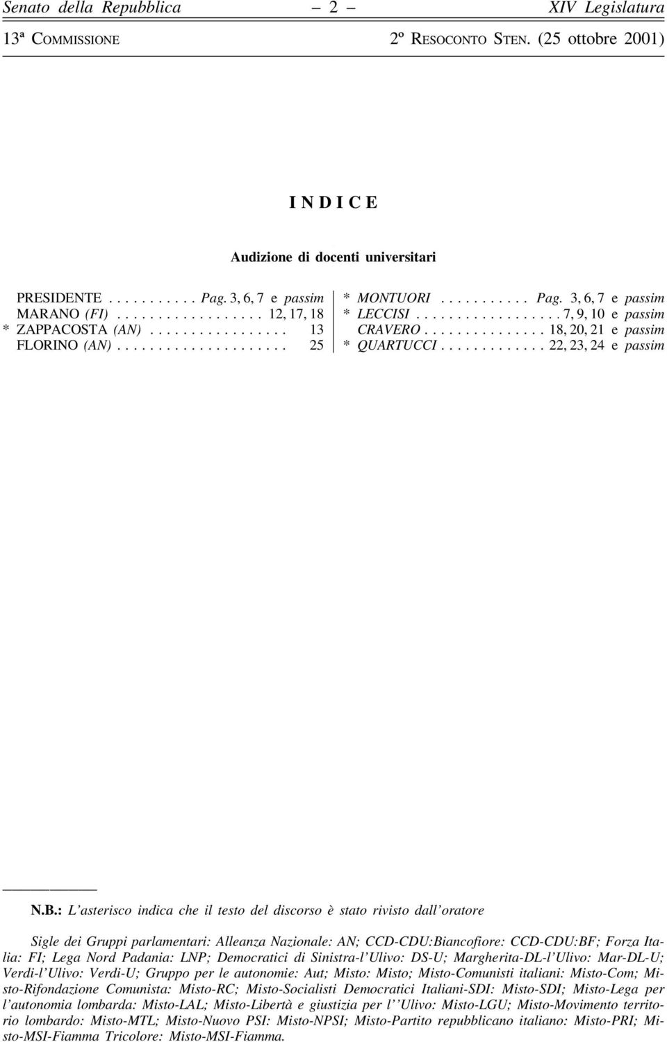 : L'asterisco indica che il testo del discorso eá stato rivisto dall'oratore Sigle dei Gruppi parlamentari: Alleanza Nazionale: AN; CCD-CDU:Biancofiore: CCD-CDU:BF; Forza Italia: FI; Lega Nord