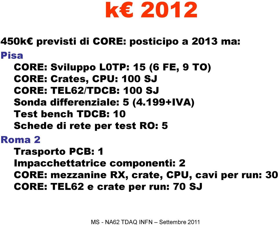 199+IVA) Test bench TDCB: 10 Schede di rete per test RO: 5 Roma 2 Trasporto PCB: 1