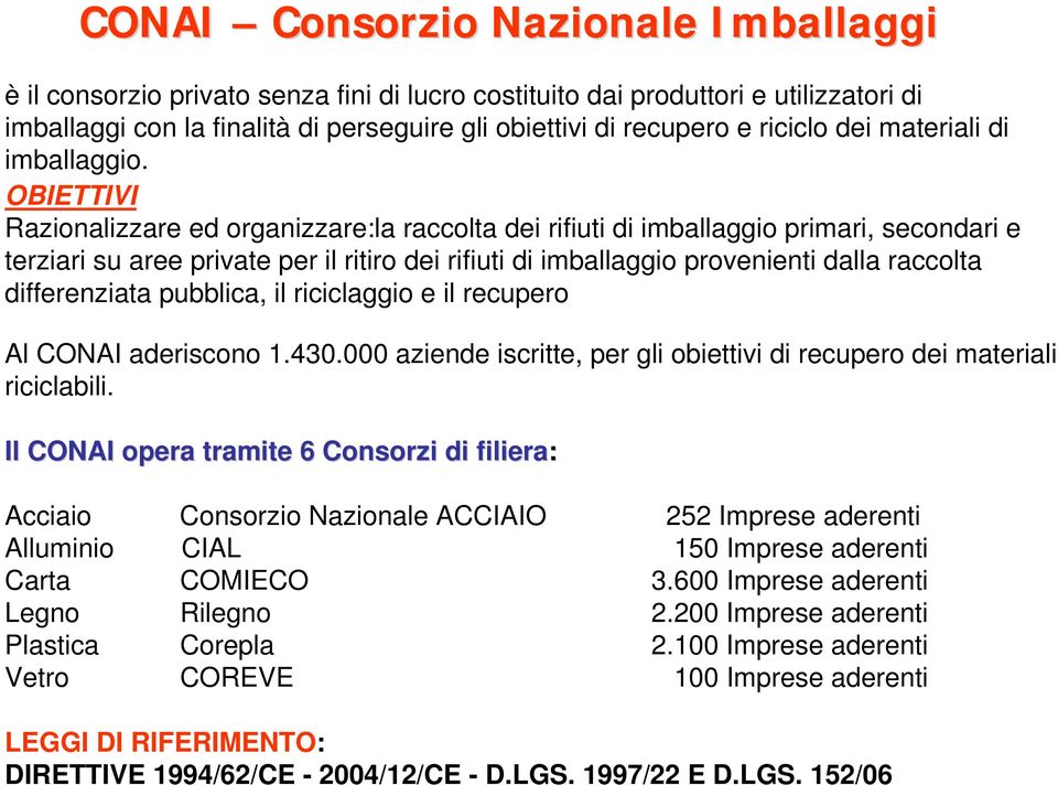 OBIETTIVI Razionalizzare ed organizzare:la raccolta dei rifiuti di imballaggio primari, secondari e terziari su aree private per il ritiro dei rifiuti di imballaggio provenienti dalla raccolta