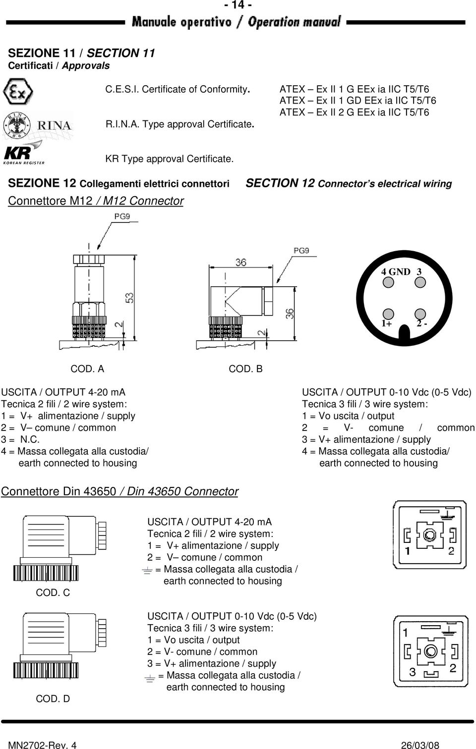 SEZIONE 12 Collegamenti elettrici connettori Connettore M12 / M12 Connector SECTION 12 Connector s electrical wiring 4 GND 3 3 1+ 2 - COD. A COD.