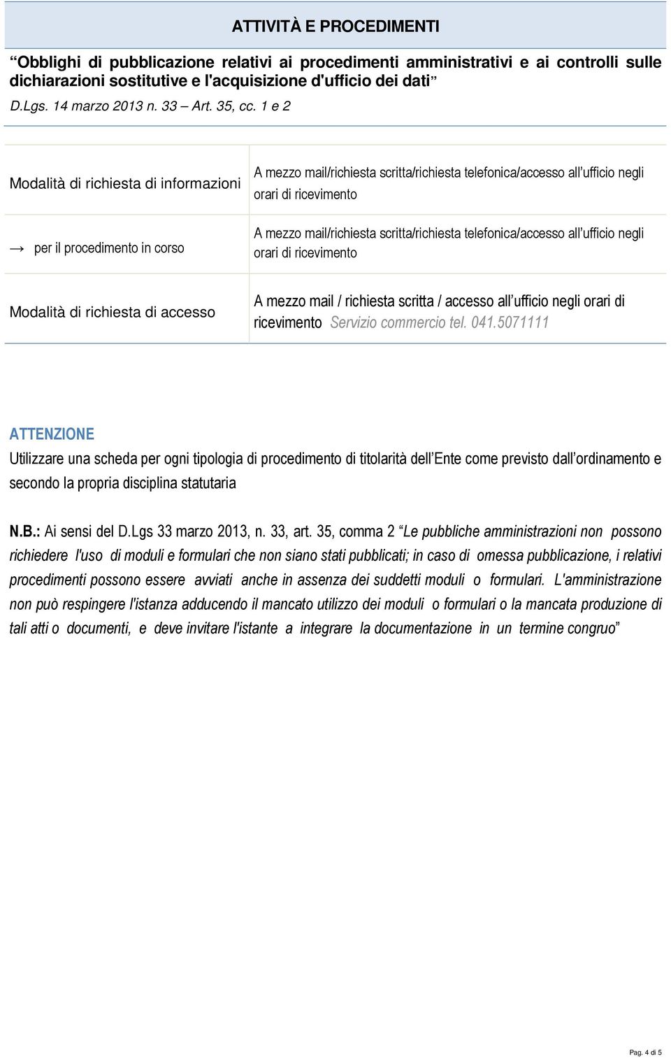 commercio tel. 041.5071111 ATTENZIONE Utilizzare una scheda per ogni tipologia di procedimento di titolarità dell Ente come previsto dall ordinamento e secondo la propria disciplina statutaria N.B.