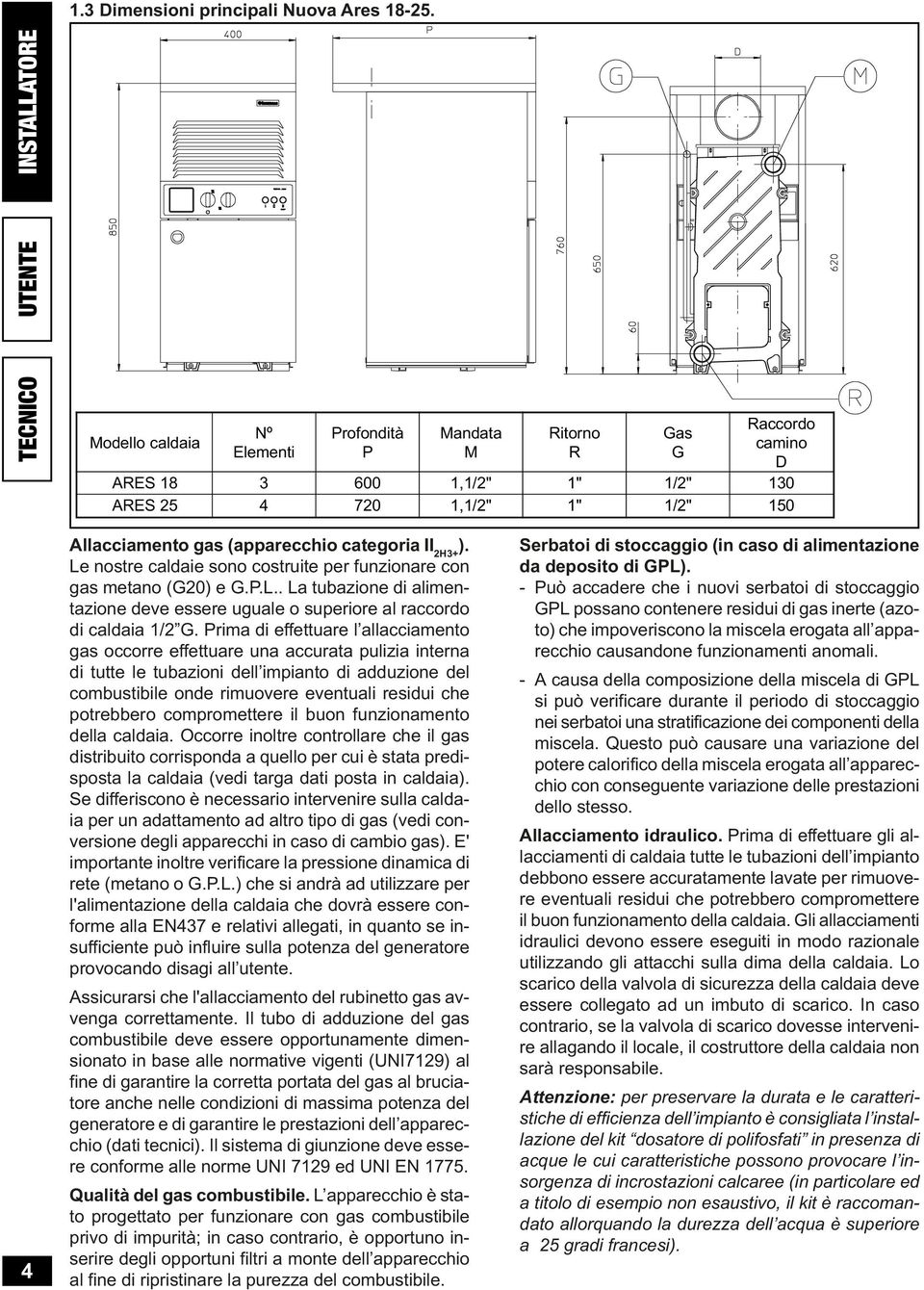(apparecchio categoria II H3+ ). Le nostre caldaie sono costruite per funzionare con gas metano (G0) e G.P.L.. La tubazione di alimentazione deve essere uguale o superiore al raccordo di caldaia 1/ G.