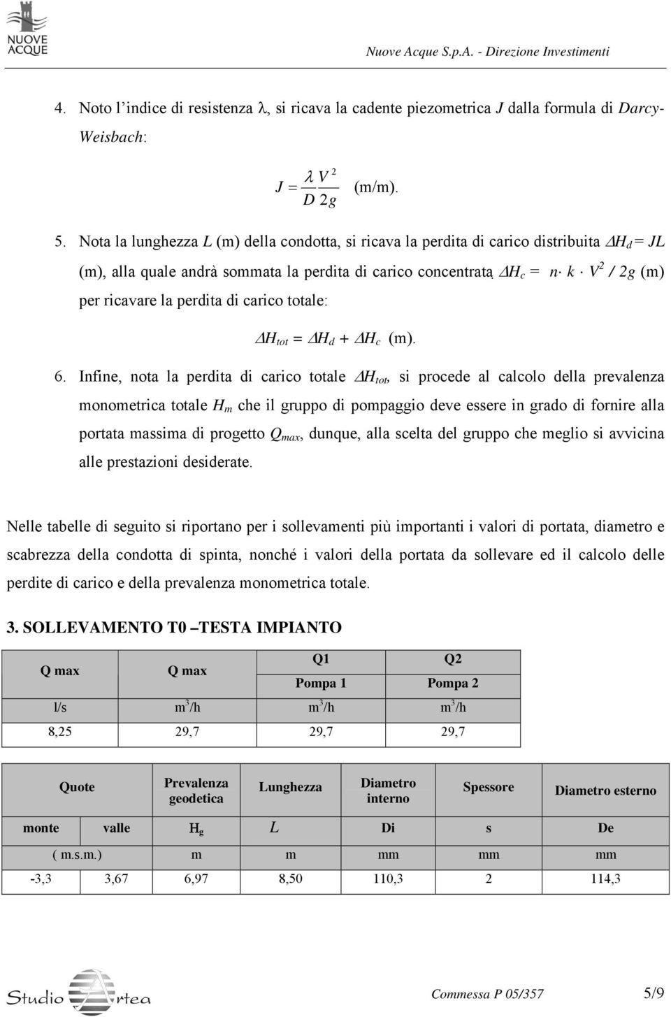 perdita di carico totale: ΔH tot = ΔH d + ΔH c (m). 6.