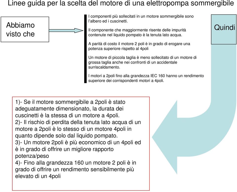 A parità di costo il motore 2 poli è in grado di erogare una potenza superiore rispetto al 4poli Un motore di piccola taglia è meno sollecitato di un motore di grossa taglia anche nei confronti di un