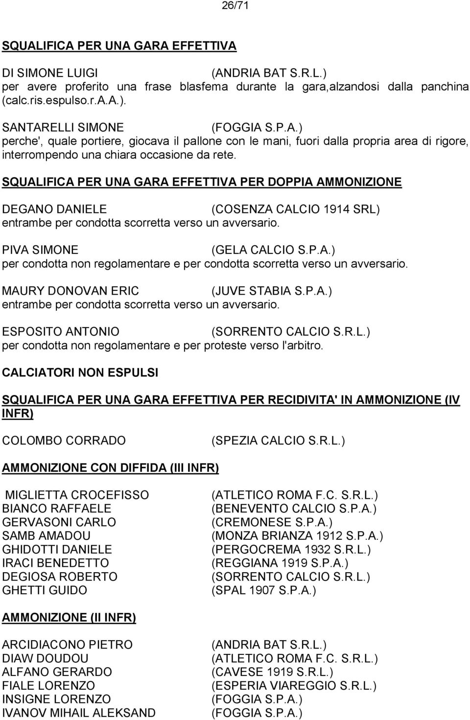 SQUALIFICA PER UNA GARA EFFETTIVA PER DOPPIA AMMONIZIONE DEGANO DANIELE (COSENZA CALCIO 1914 SRL) entrambe per condotta scorretta verso un avversario. PIVA SIMONE (GELA CALCIO S.P.A.) per condotta non regolamentare e per condotta scorretta verso un avversario.