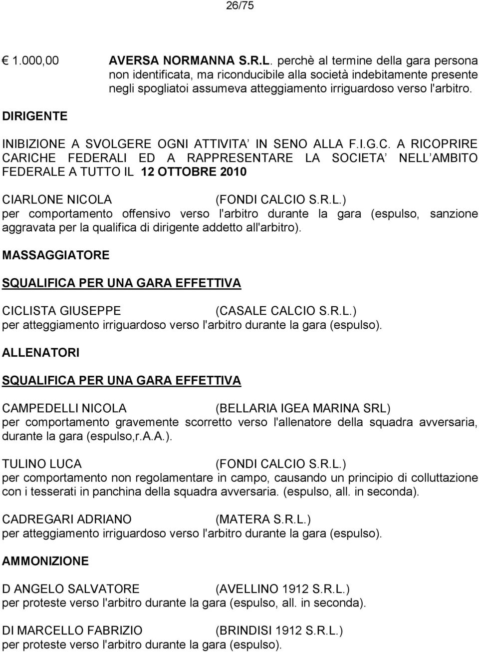 DIRIGENTE INIBIZIONE A SVOLGERE OGNI ATTIVITA IN SENO ALLA F.I.G.C.