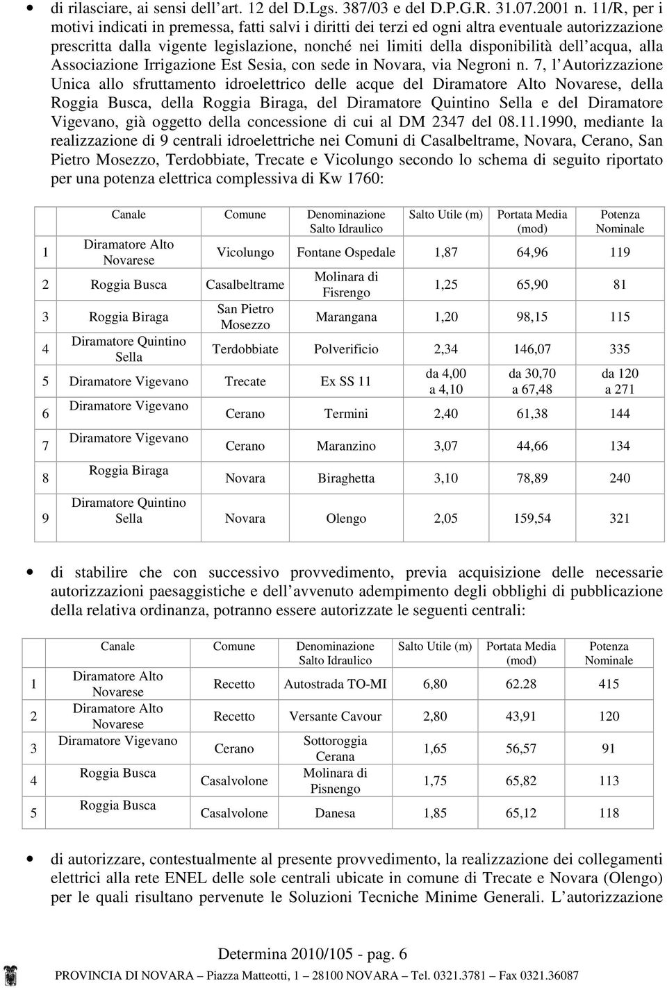 acqua, alla Associazione Irrigazione Est Sesia, con sede in Novara, via Negroni n.