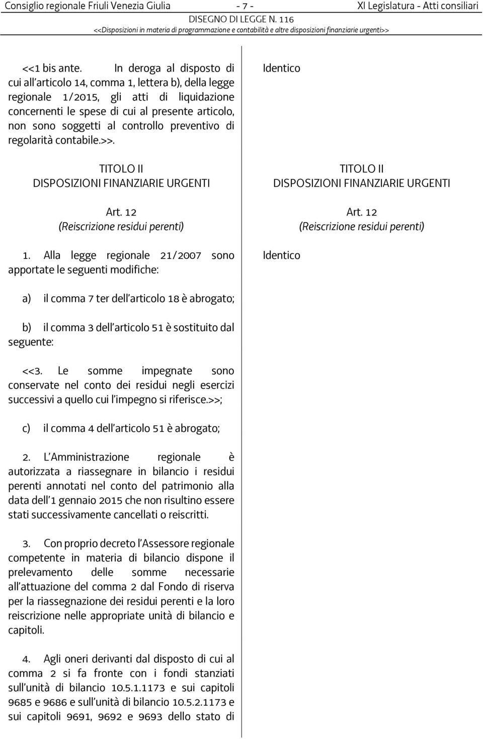 controllo preventivo di regolarità contabile.>>. TITOLO II DISPOSIZIONI FINANZIARIE URGENTI Art. 12 (Reiscrizione residui perenti) 1.