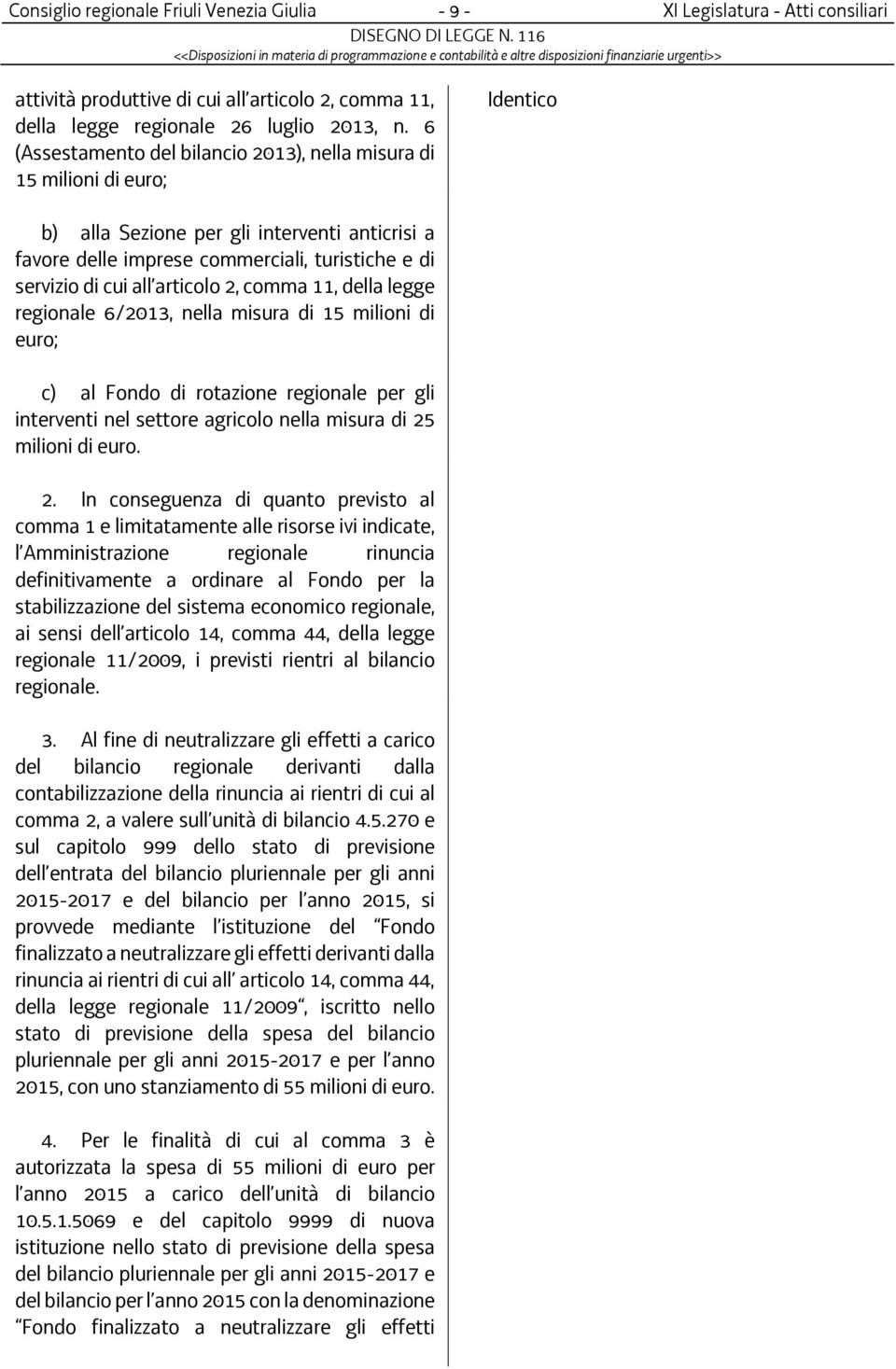 2, comma 11, della legge regionale 6/2013, nella misura di 15 milioni di euro; c) al Fondo di rotazione regionale per gli interventi nel settore agricolo nella misura di 25