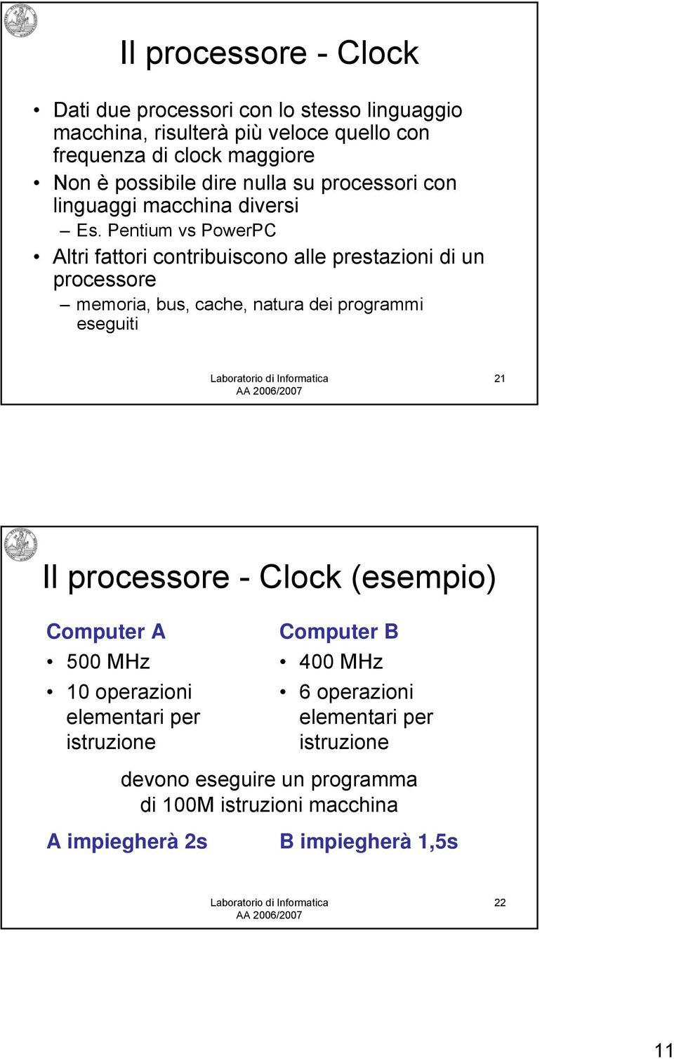 Pentium vs PowerPC Altri fattori contribuiscono alle prestazioni di un processore memoria, bus, cache, natura dei programmi eseguiti 21 Il