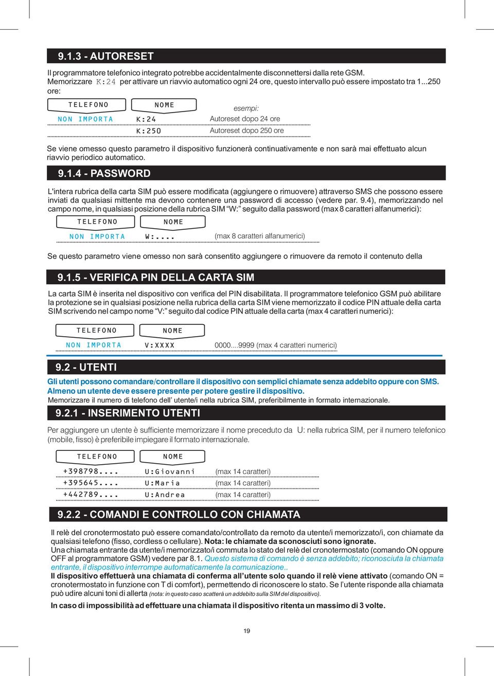 auomaico 914 - PASSWOD L'inera rubrica della cara SIM può essere modificaa (aggiungere o rimuovere) araverso SMS che possono essere inviai da qualsiasi miene ma devono conenere una password di