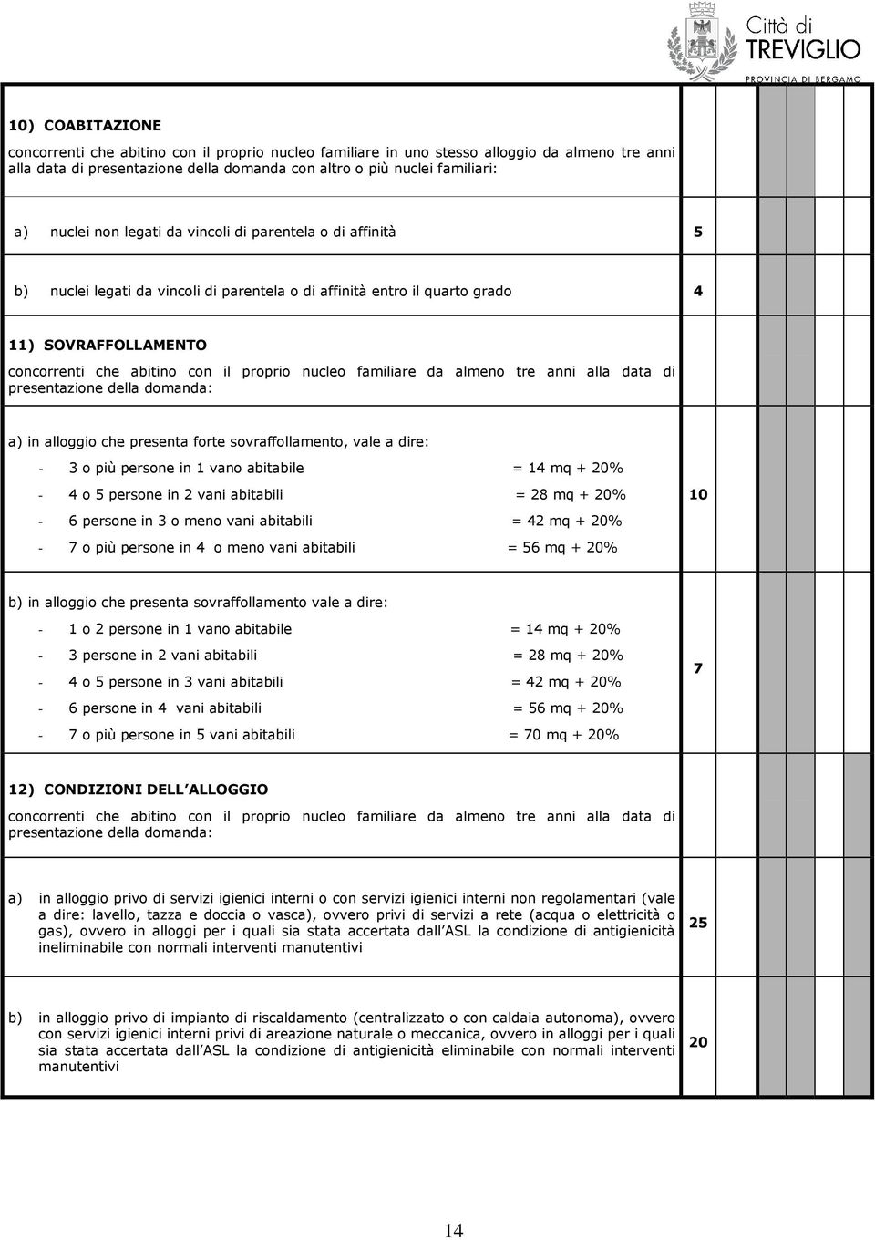 familiare da almeno tre anni alla data di presentazione della domanda: a) in alloggio che presenta forte sovraffollamento, vale a dire: - 3 o più persone in 1 vano abitabile = 14 mq + 20% - 4 o 5