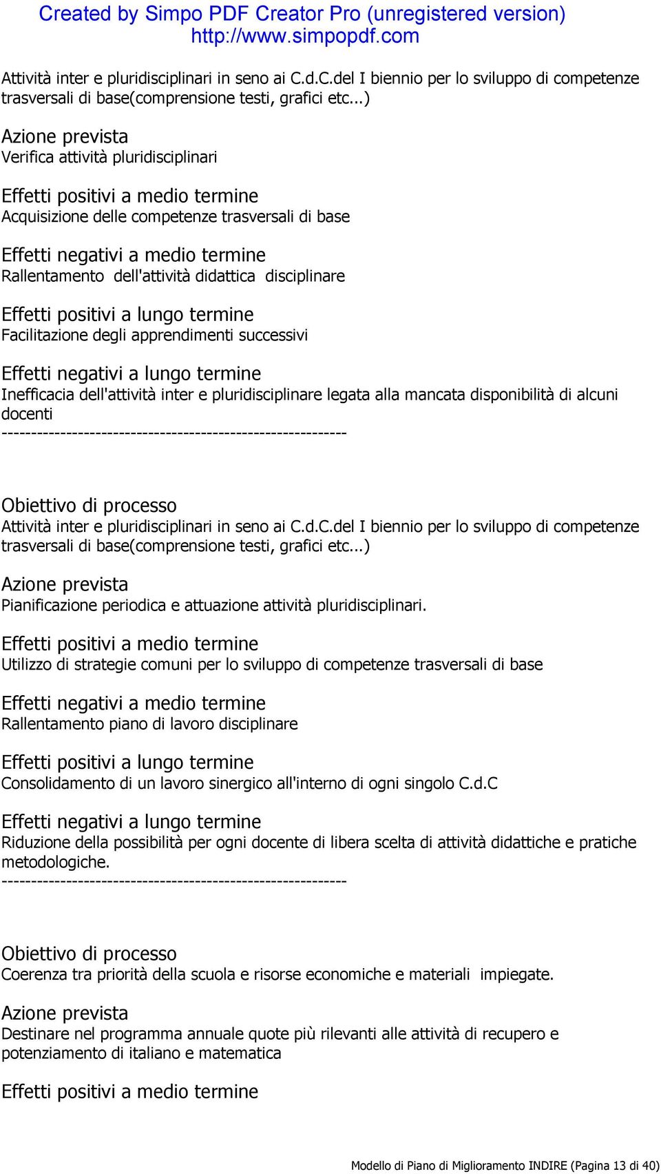 dell'attività inter e pluridisciplinare legata alla mancata disponibilità di alcuni docenti ..) Pianificazione periodica e attuazione attività pluridisciplinari.