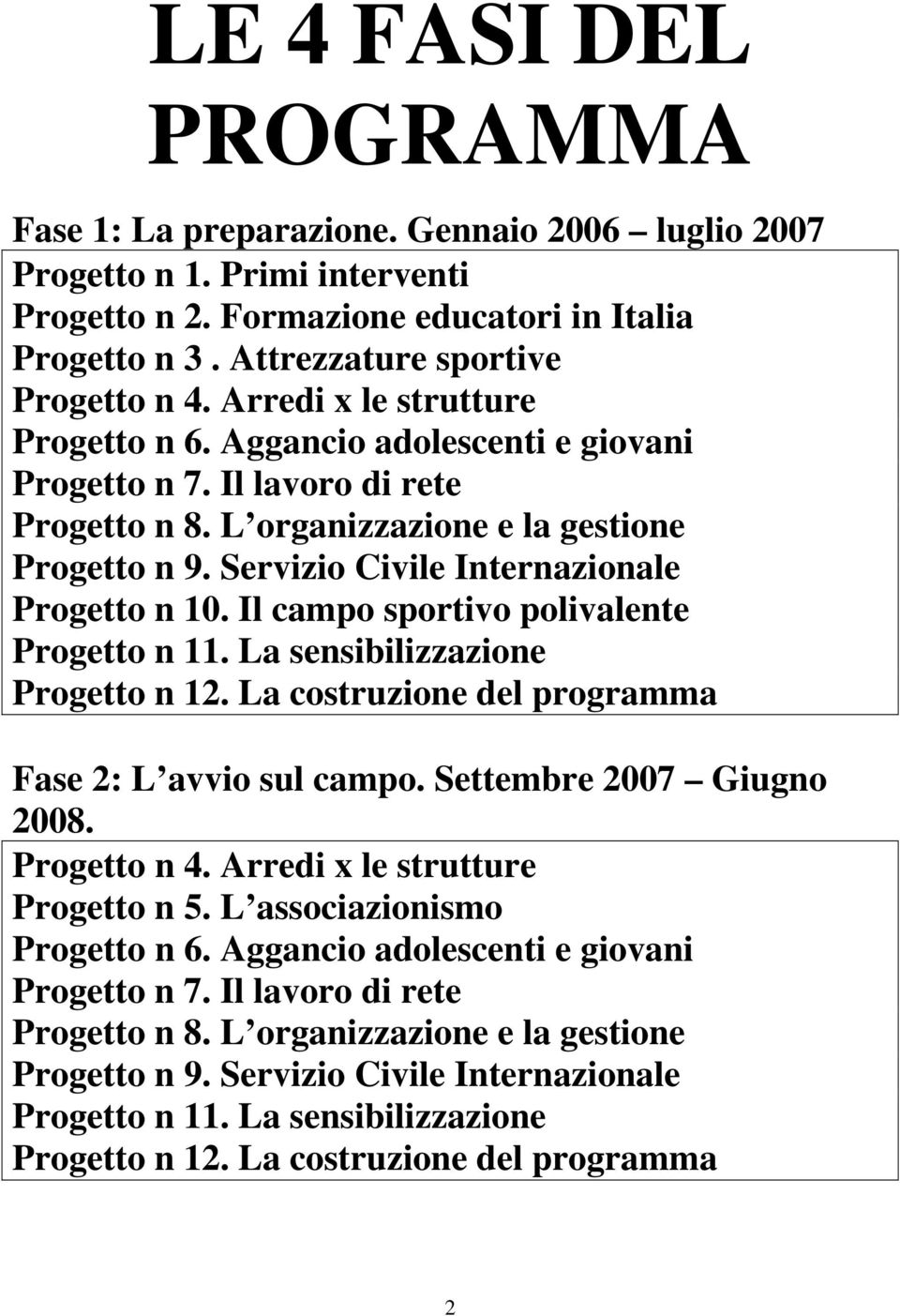 Servizio Civile Internazionale Progetto n 10. Il campo sportivo polivalente Progetto n 11. La sensibilizzazione Progetto n 12. La costruzione del programma Fase 2: L avvio sul campo.