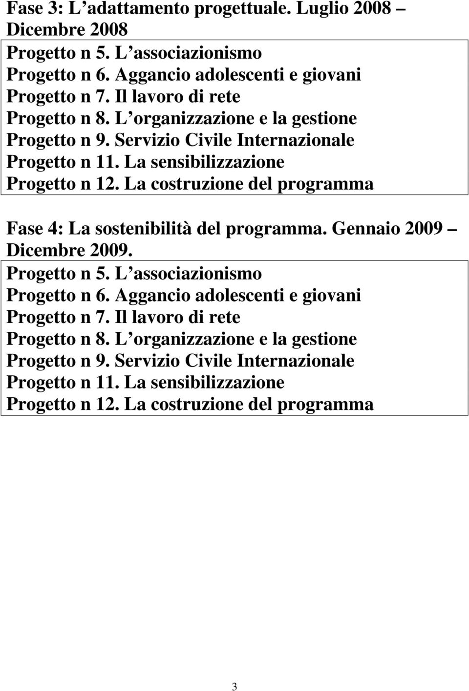 La costruzione del programma Fase 4: La sostenibilità del programma. Gennaio 2009 Dicembre 2009. Progetto n 5. L associazionismo Progetto n 6.