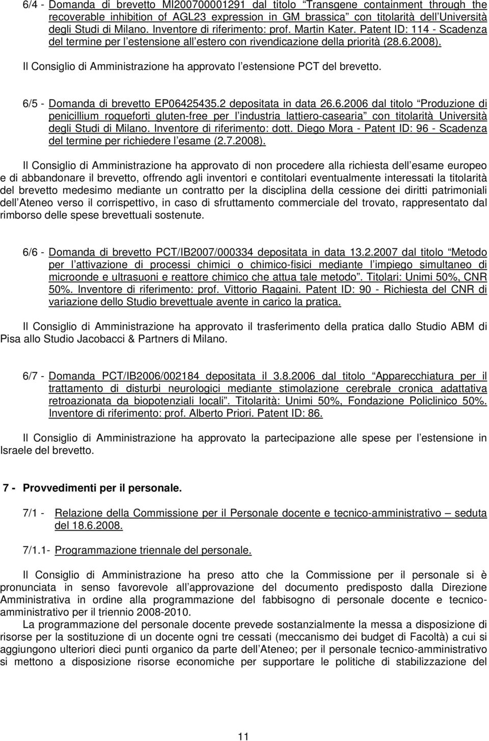 Il Consiglio di Amministrazione ha approvato l estensione PCT del brevetto. 6/