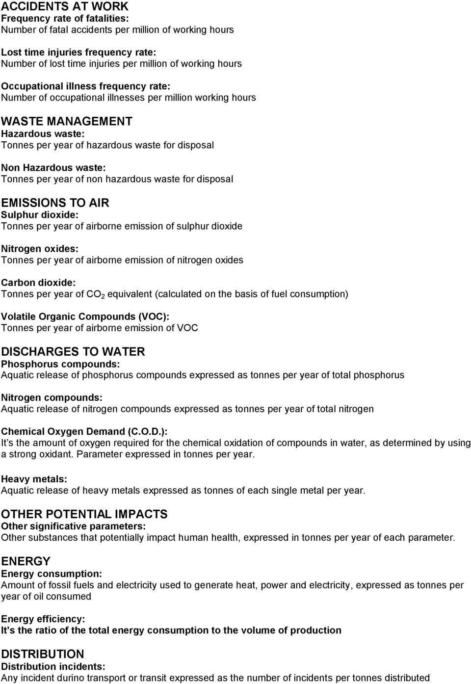 Tonnes per year of non hazardous waste for disposal EMISSIONS TO AIR Sulphur dioxide: Tonnes per year of airborne emission of sulphur dioxide Nitrogen oxides: Tonnes per year of airborne emission of