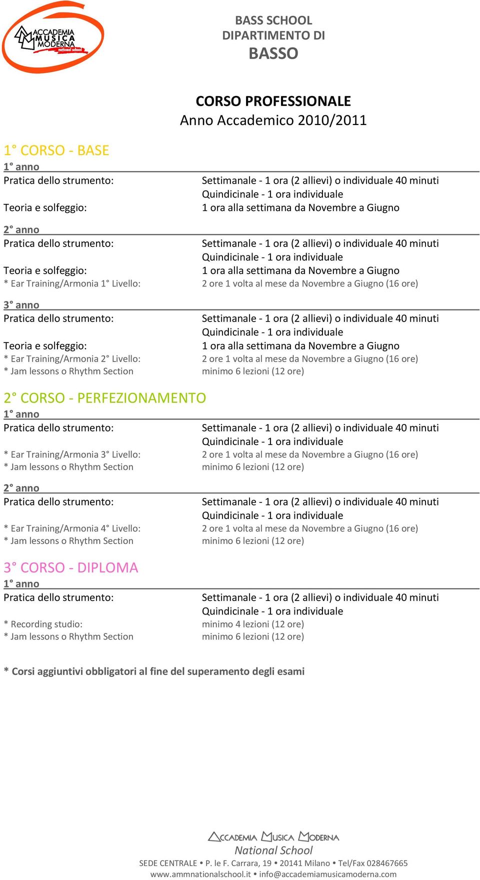 da Novembre a Giugno * Ear Training/Armonia 1 Livello: 2 ore 1 volta al mese da Novembre a Giugno (16 ore) 3 anno Pratica dello strumento: Settimanale 1 ora (2 allievi) o individuale 40 minuti