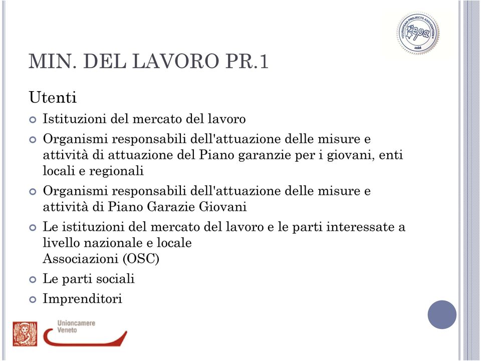 attivitàdi attuazione del Piano garanzie per i giovani, enti locali e regionali Organismi responsabili