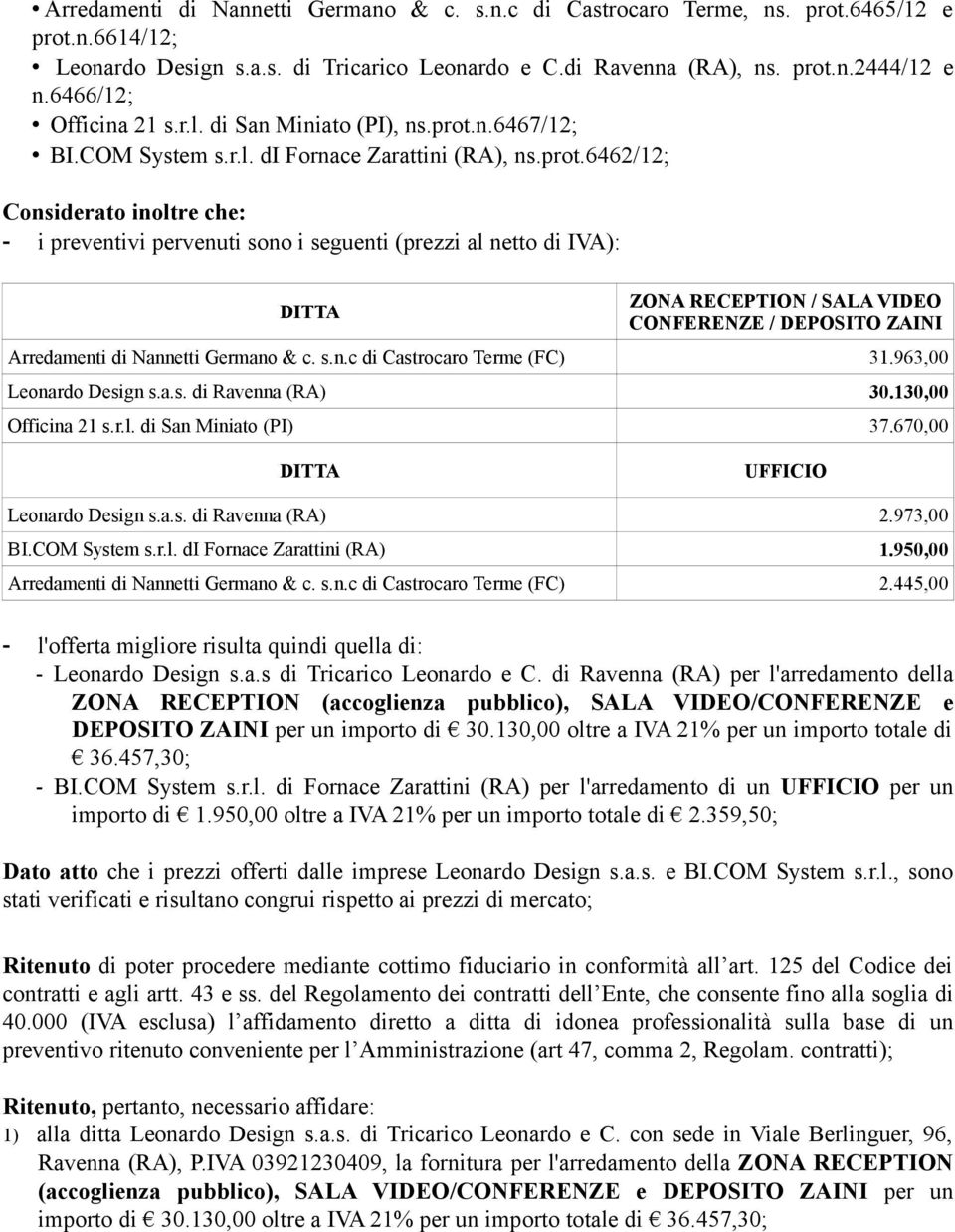 n.6467/12; BI.COM System s.r.l. di Fornace Zarattini (RA), ns.prot.