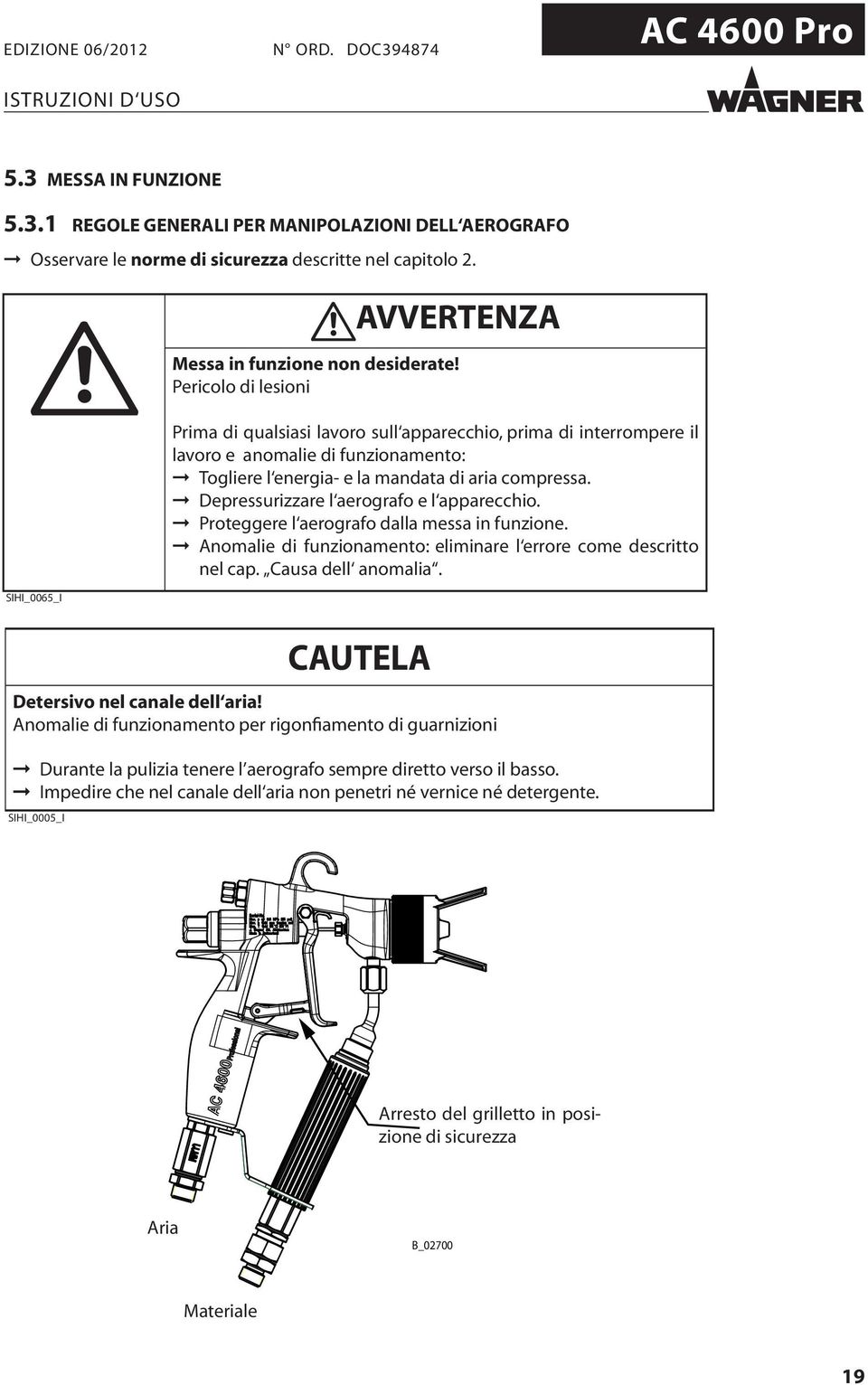 Depressurizzare l aerografo e l apparecchio. Proteggere l aerografo dalla messa in funzione. Anomalie di funzionamento: eliminare l errore come descritto nel cap. Causa dell anomalia.