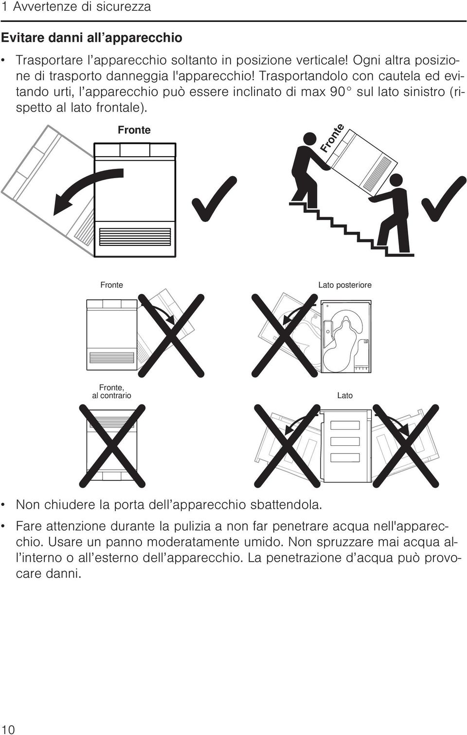 Trasportandolo con cautela ed evitando urti, l apparecchio può essere inclinato di max 90 sul lato sinistro (rispetto al lato frontale).