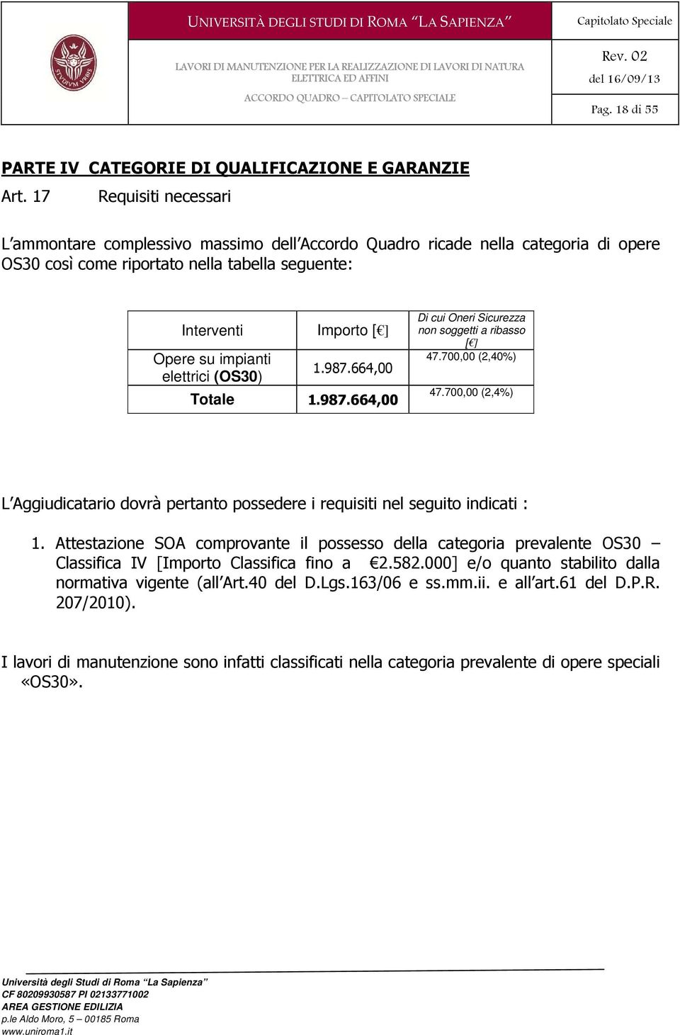 elettrici (OS30) 1.987.664,00 Totale 1.987.664,00 Di cui Oneri Sicurezza non soggetti a ribasso [ ] 47.700,00 (2,40%) 47.