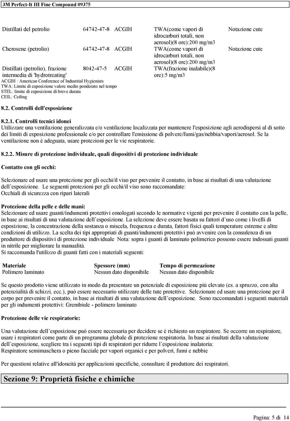 arosol)(8 or):200 mg/m3 8042-47-5 ACGIH TWA(frazio inalabil)(8 or):5 mg/m3 Notazio cut Notazio cut 8.2. Controlli dll'sposizio 8.2.1.