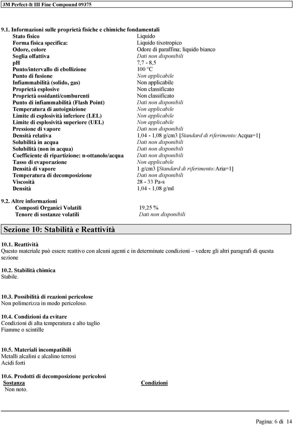 infiammabilità (Flash Point) Dati non disponibili Tmpratura di autoignizio Limit di splosività infrior (LEL) Limit di splosività suprior (UEL) Prssio di vapor Dati non disponibili Dnsità rlativa