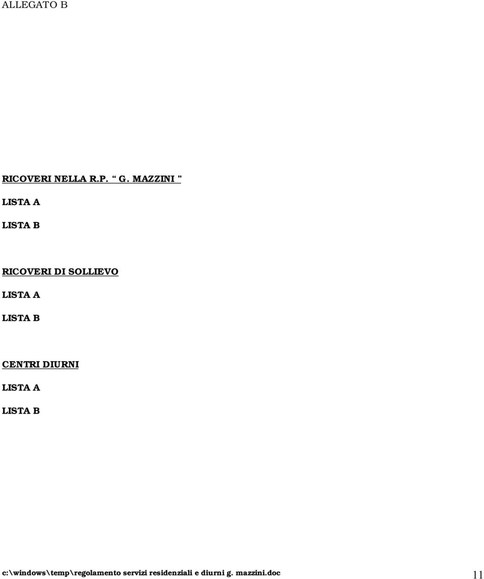 RICOVERI DI SOLLIEVO LISTA A