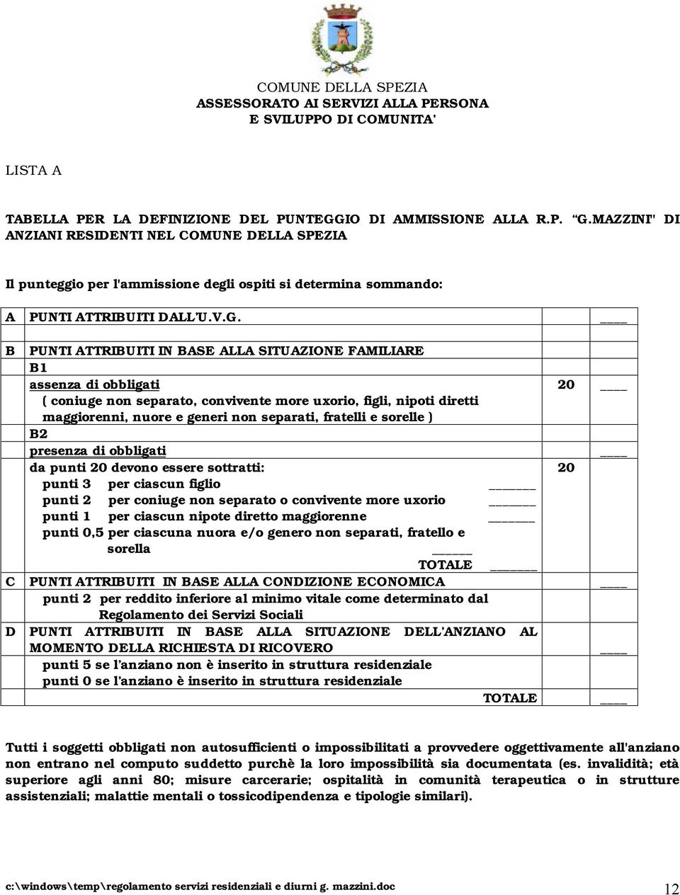 B PUNTI ATTRIBUITI IN BASE ALLA SITUAZIONE FAMILIARE B1 assenza di obbligati 20 ( coniuge non separato, convivente more uxorio, figli, nipoti diretti maggiorenni, nuore e generi non separati,