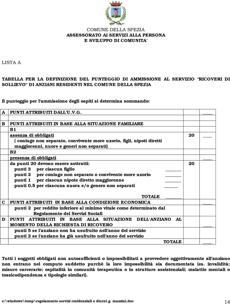 B PUNTI ATTRIBUITI IN BASE ALLA SITUAZIONE FAMILIARE B1 assenza di obbligati ( coniuge non separato, convivente more uxorio, figli, nipoti diretti maggiorenni, nuore e generi non separati) B2