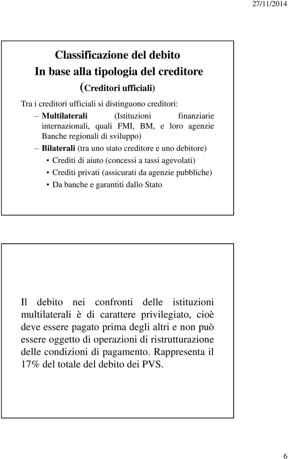 agevolati) Crediti privati (assicurati da agenzie pubbliche) Da banche e garantiti dallo Stato Il debito nei confronti delle istituzioni multilaterali è di carattere