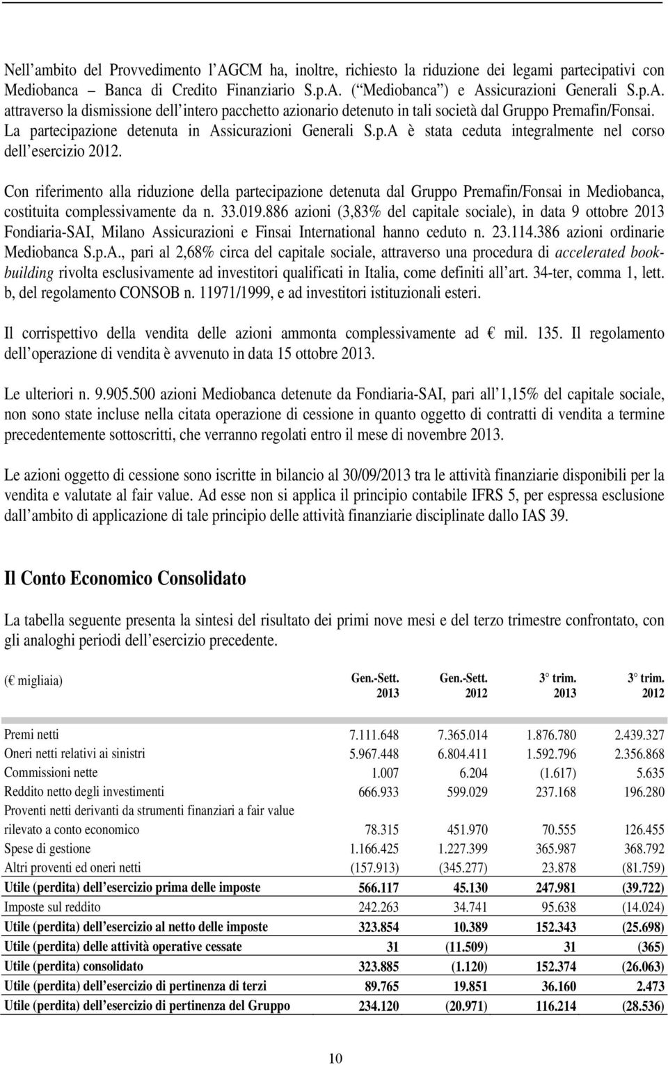 Con riferimento alla riduzione della partecipazione detenuta dal Gruppo Premafin/Fonsai in Mediobanca, costituita complessivamente da n. 33.019.