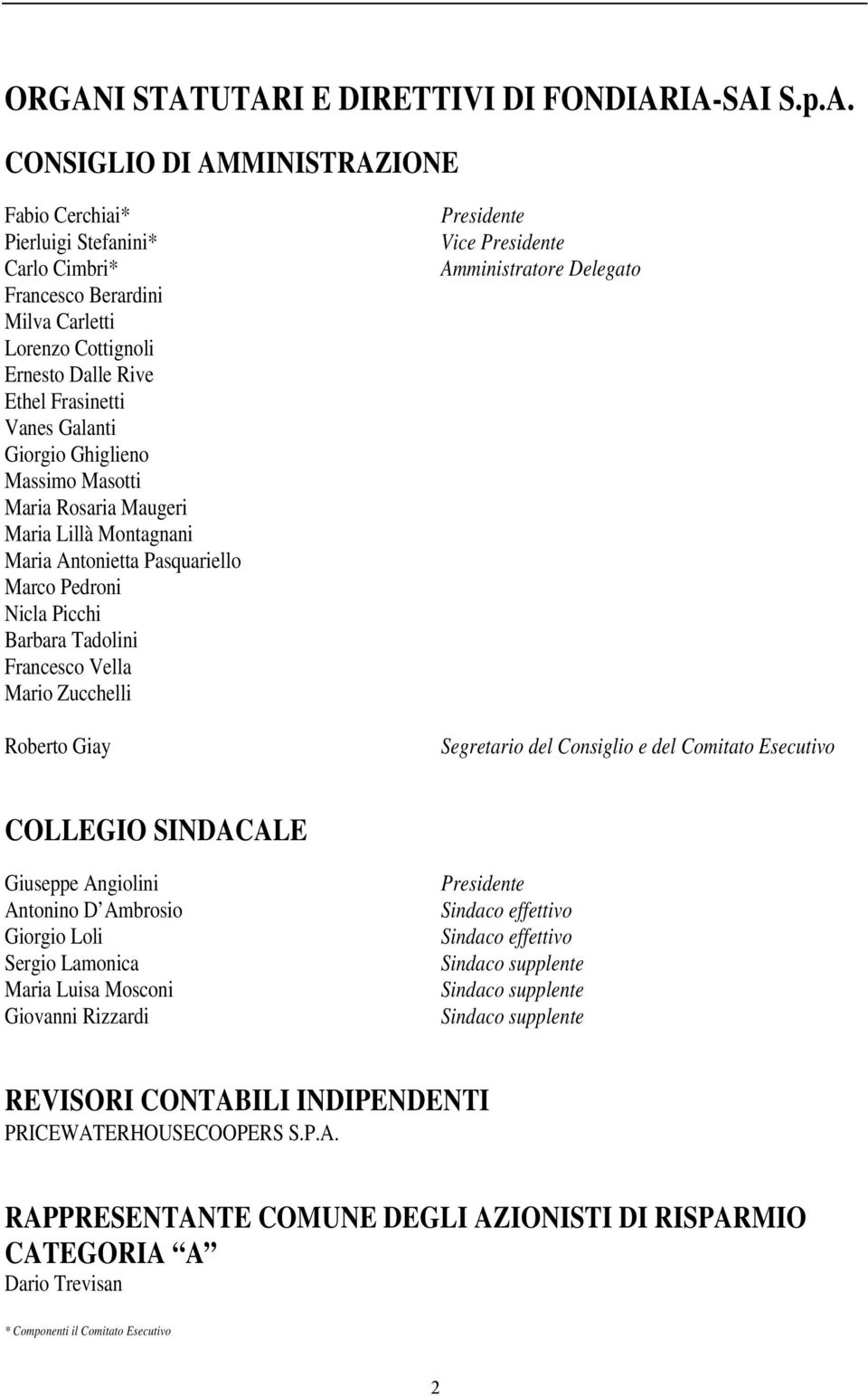 Francesco Vella Mario Zucchelli Roberto Giay Presidente Vice Presidente Amministratore Delegato Segretario del Consiglio e del Comitato Esecutivo COLLEGIO SINDACALE Giuseppe Angiolini Antonino D