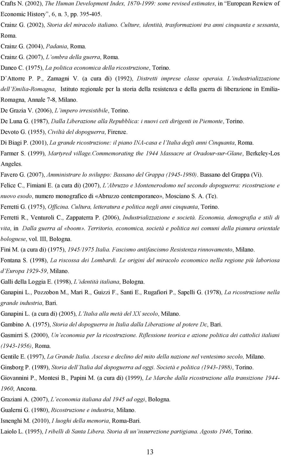 (1975), La politica economica della ricostruzione, Torino. D Attorre P. P., Zamagni V. (a cura di) (1992), Distretti imprese classe operaia.