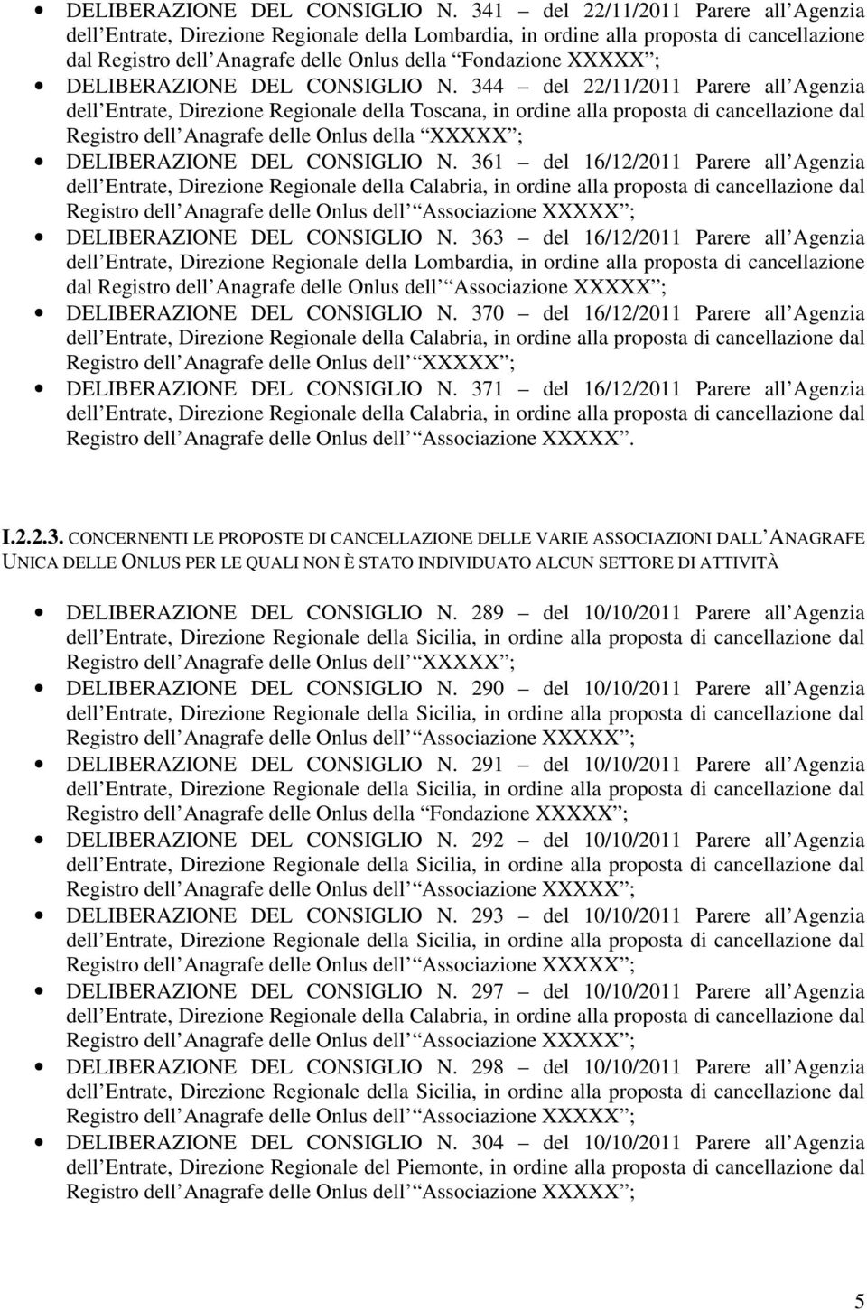 del 22/11/2011 Parere all Agenzia dell Entrate, Direzione Regionale della Toscana, in ordine alla proposta di cancellazione dal Registro dell Anagrafe delle Onlus della XXXXX ;  361 del 16/12/2011