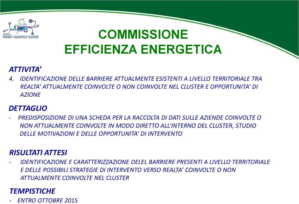 ALL INTERNO DEL CLUSTER, STUDIO DELLE MOTIVAZIONI E DELLE OPPORTUNITA DI INTERVENTO - IDENTIFICAZIONE E CARATTERIZZAZIONE DELEL BARRIERE PRESENTI