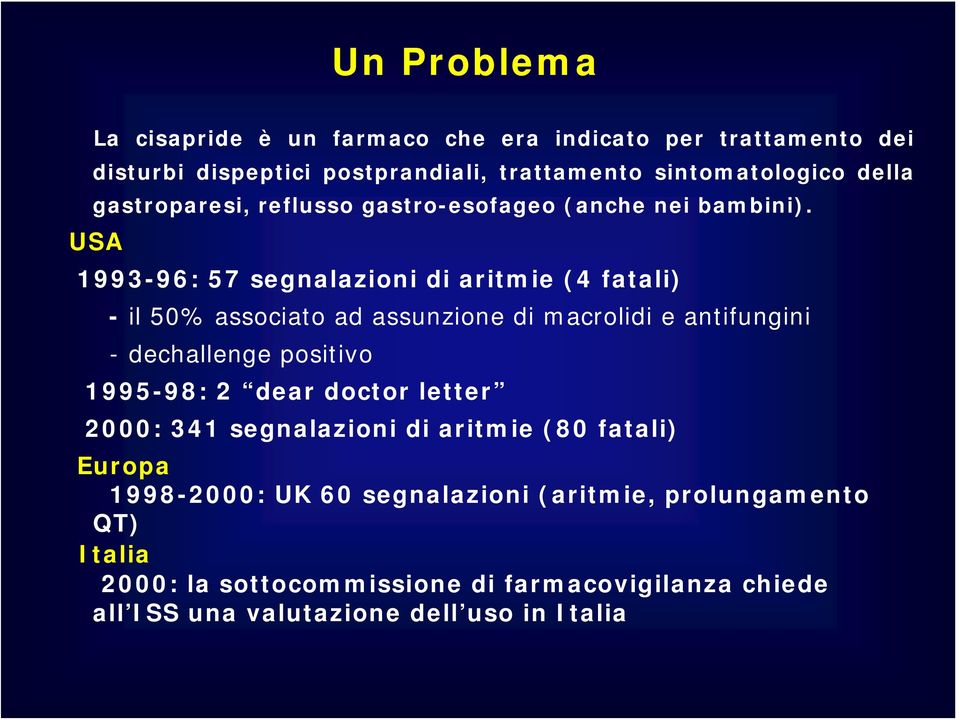 USA 1993-96: 57 segnalazioni di aritmie (4 fatali) - il 50% associato ad assunzione di macrolidi e antifungini - dechallenge positivo 1995-98: 2