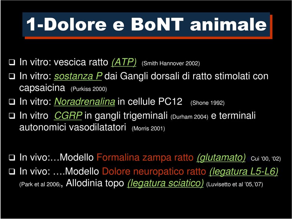 (Durham 2004) e terminali autonomici vasodilatatori (Morris 2001) In vivo: Modello Formalina zampa ratto (glutamato) ((Cui 00, 02)