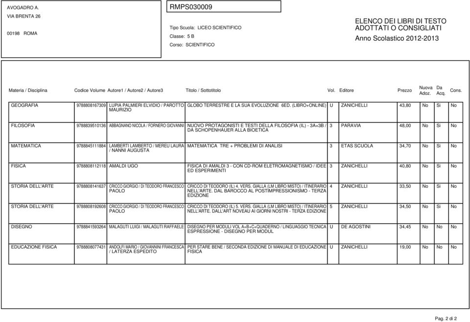 PARAVIA 48,00 No Si No MATEMATICA 9788845111884 LAMBERTI LAMBERTO / MEREU LAURA / NANNI AUGUSTA MATEMATICA TRE + PROBLEMI DI ANALISI 3 ETAS SCUOLA 34,70 No Si No FISICA 9788808112118 AMALDI UGO