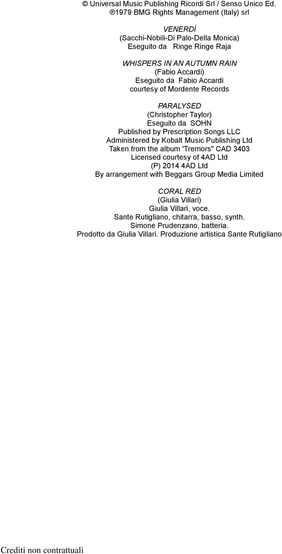 Accardi courtesy of Mordente Records PARALYSED (Christopher Taylor) Eseguito da SOHN Published by Prescription Songs LLC Administered by Kobalt Music Publishing Ltd Taken from