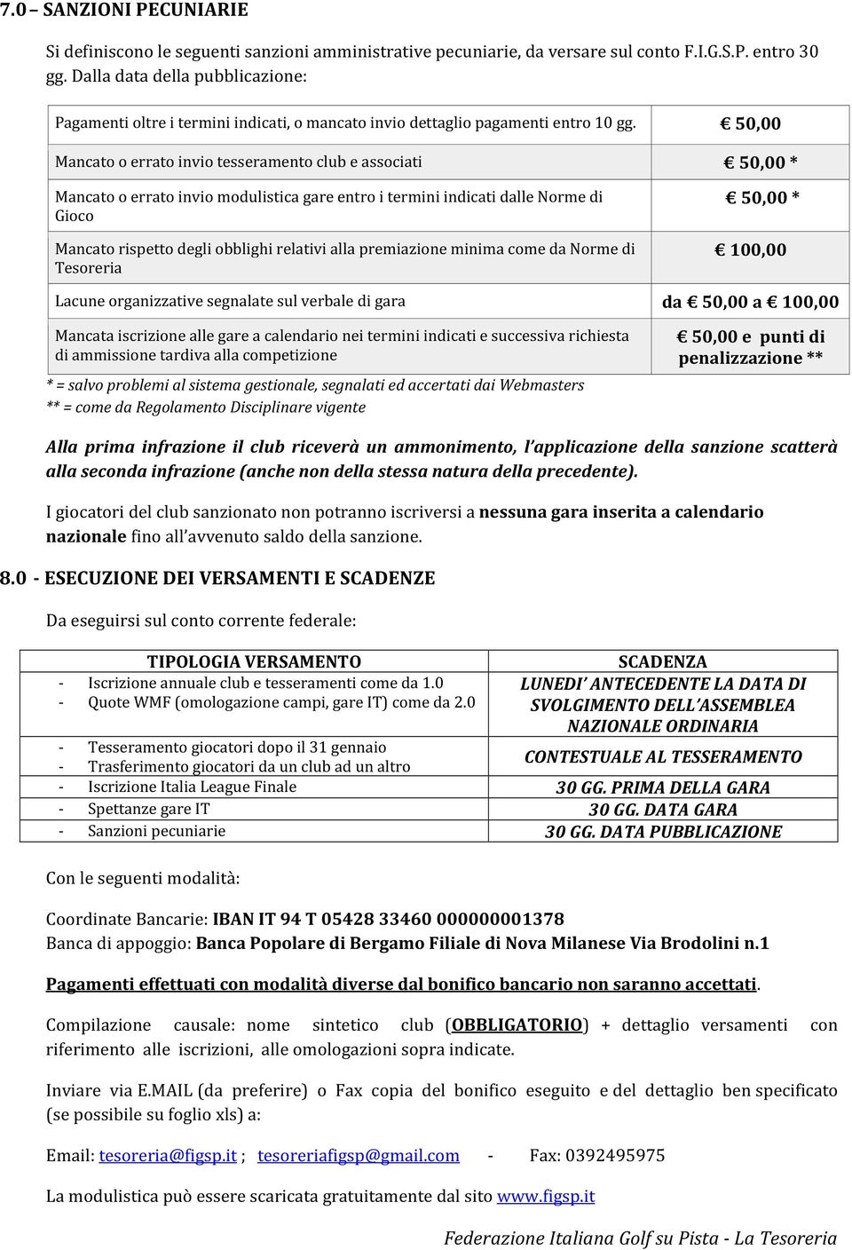 50,00 Mancato o errato invio tesseramento club e associati 50,00 * Mancato o errato invio modulistica gare entro i termini indicati dalle Norme di Gioco Mancato rispetto degli obblighi relativi alla