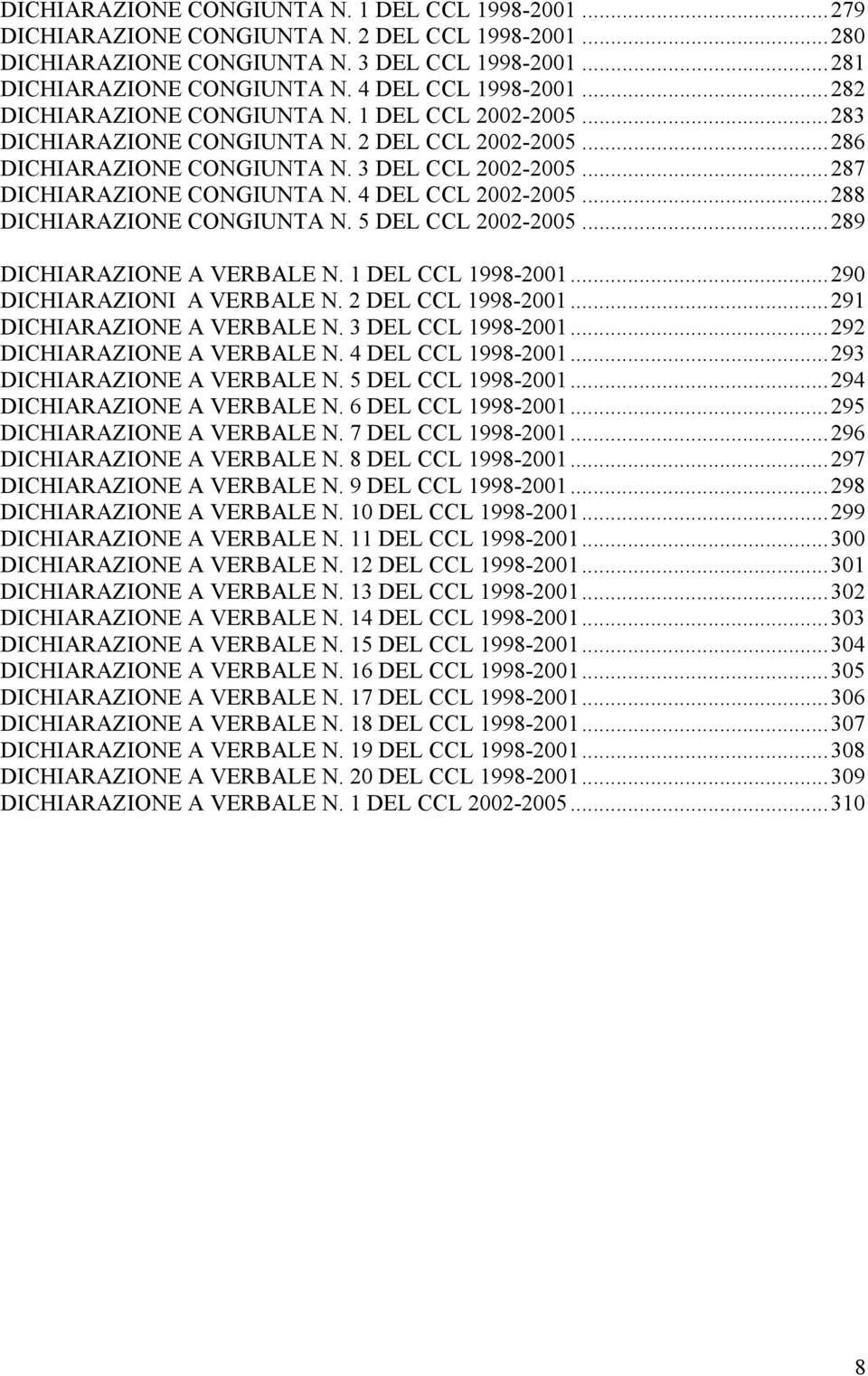 .. 287 DICHIARAZIONE CONGIUNTA N. 4 DEL CCL 2002-2005... 288 DICHIARAZIONE CONGIUNTA N. 5 DEL CCL 2002-2005... 289 DICHIARAZIONE A VERBALE N. 1 DEL CCL 1998-2001... 290 DICHIARAZIONI A VERBALE N.