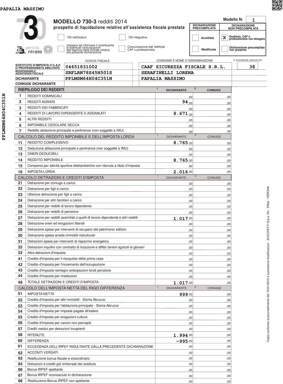 alla presente dichiarazione Comunicazione dati rettificati CAF o professionista Modificata Dichiarazione precompilata non presente PPLMSM6H0CN COGNOME E NOME O DENOMINAZIONE N.