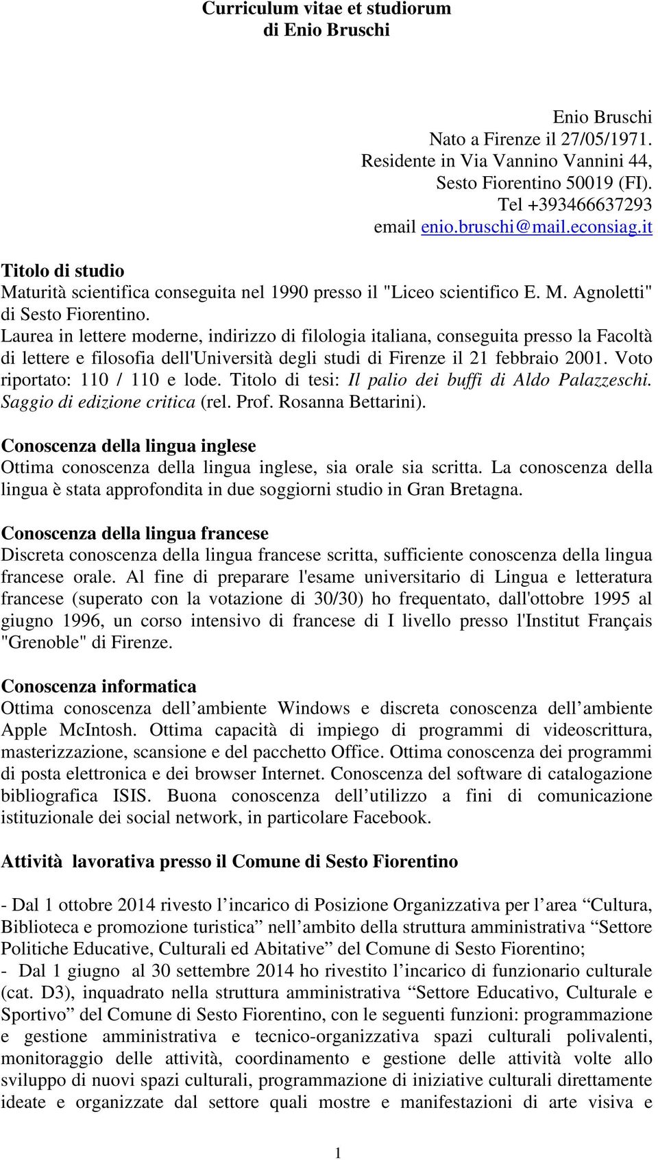 Laurea in lettere moderne, indirizzo di filologia italiana, conseguita presso la Facoltà di lettere e filosofia dell'università degli studi di Firenze il 21 febbraio 2001.