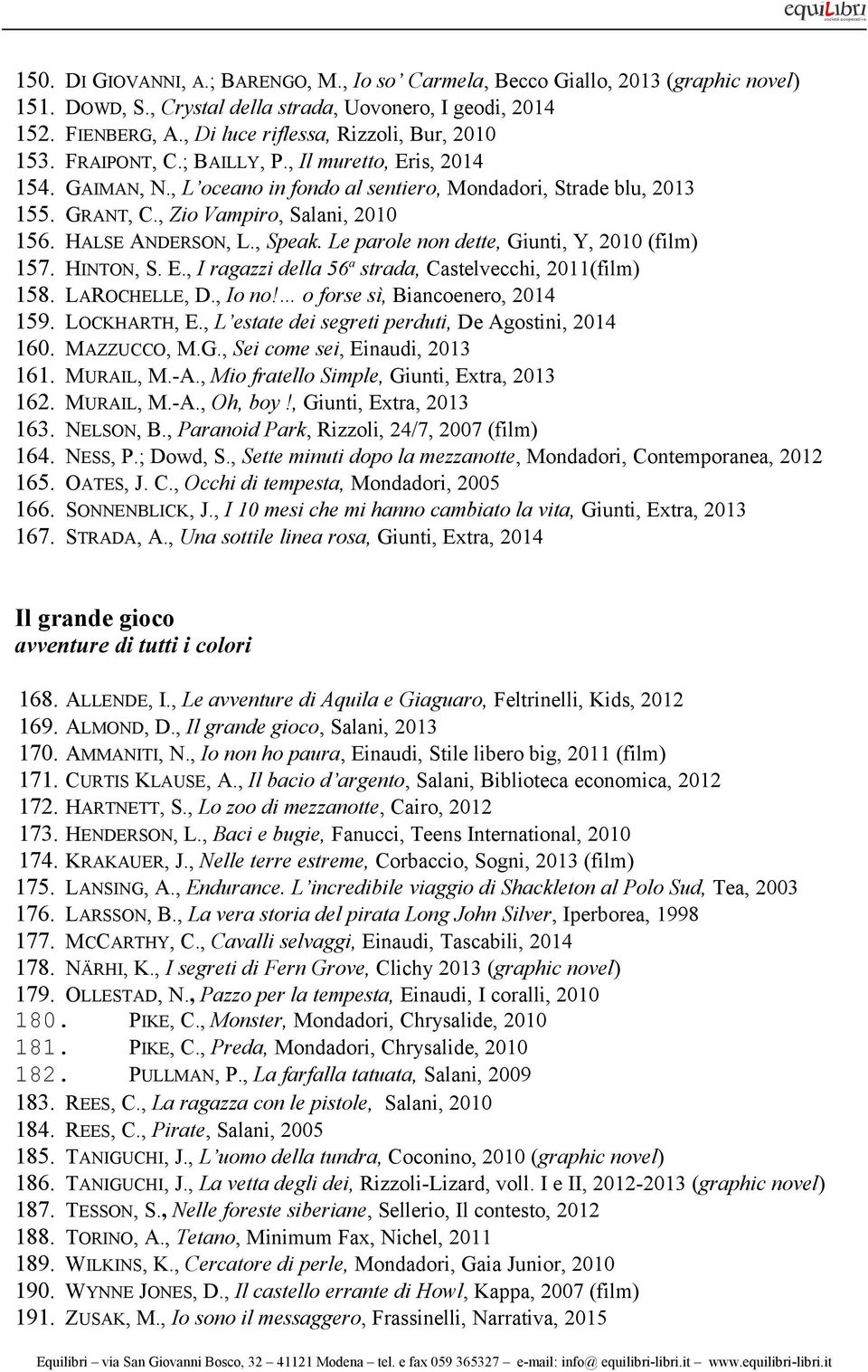 , Zio Vampiro, Salani, 2010 156. HALSE ANDERSON, L., Speak. Le parole non dette, Giunti, Y, 2010 (film) 157. HINTON, S. E., I ragazzi della 56 a strada, Castelvecchi, 2011(film) 158. LAROCHELLE, D.