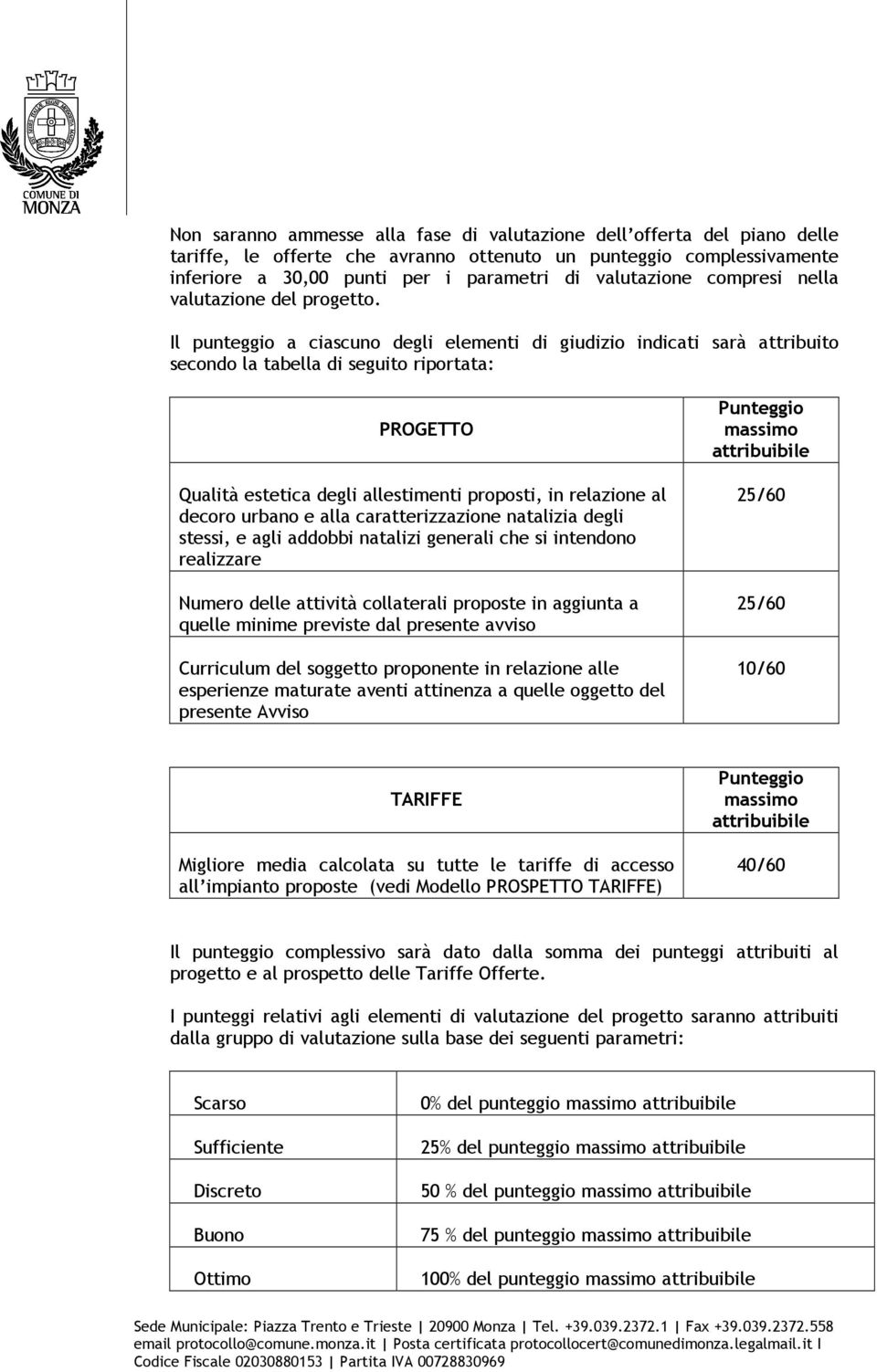 Il punteggio a ciascuno degli elementi di giudizio indicati sarà attribuito secondo la tabella di seguito riportata: PROGETTO Qualità estetica degli allestimenti proposti, in relazione al decoro