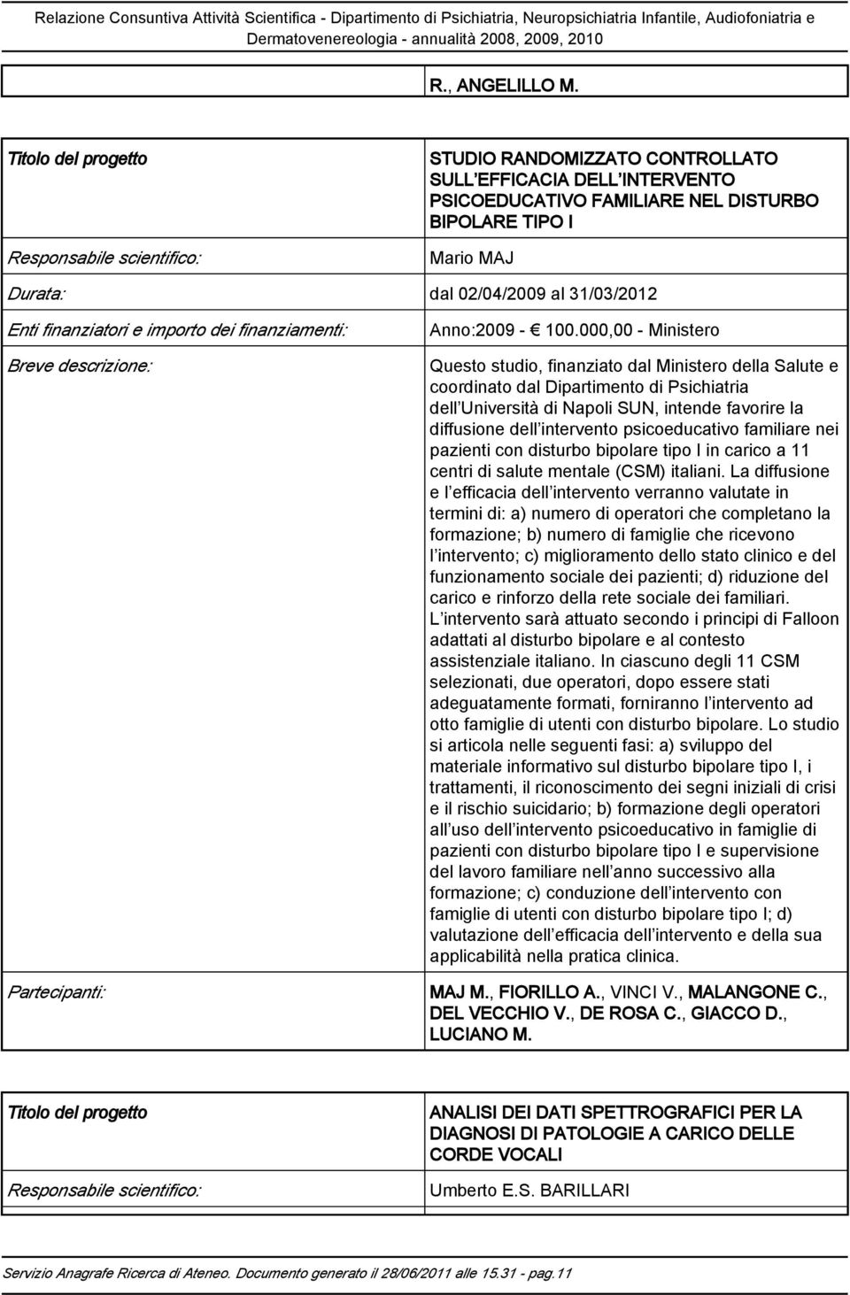 31/03/2012 Enti finanziatori e importo dei finanziamenti: Breve descrizione: Partecipanti: Anno:2009-100.